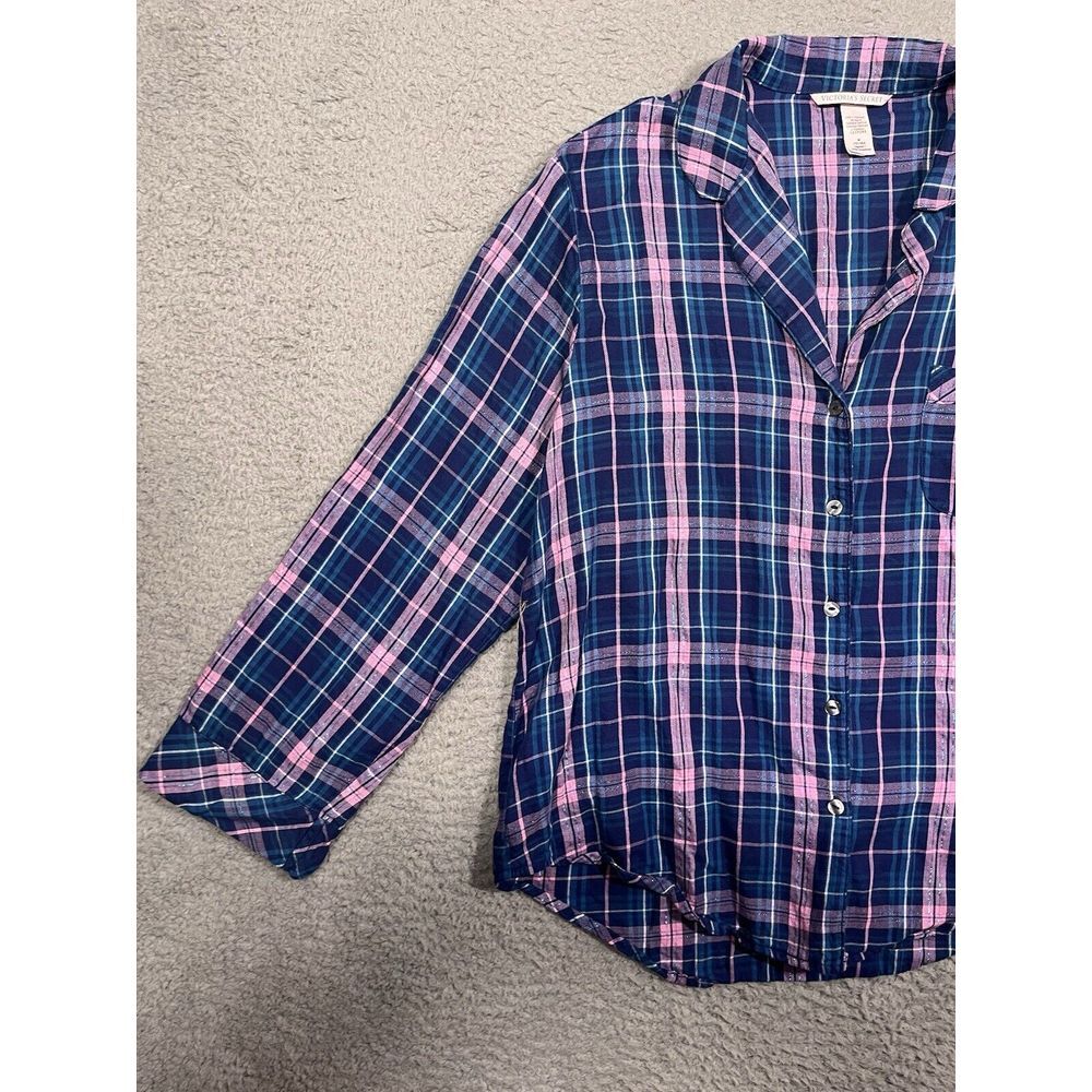 Victoria's Secret Pajama Top Blue Pink Plaid Collared Button Medium M - Picture 2 of 8